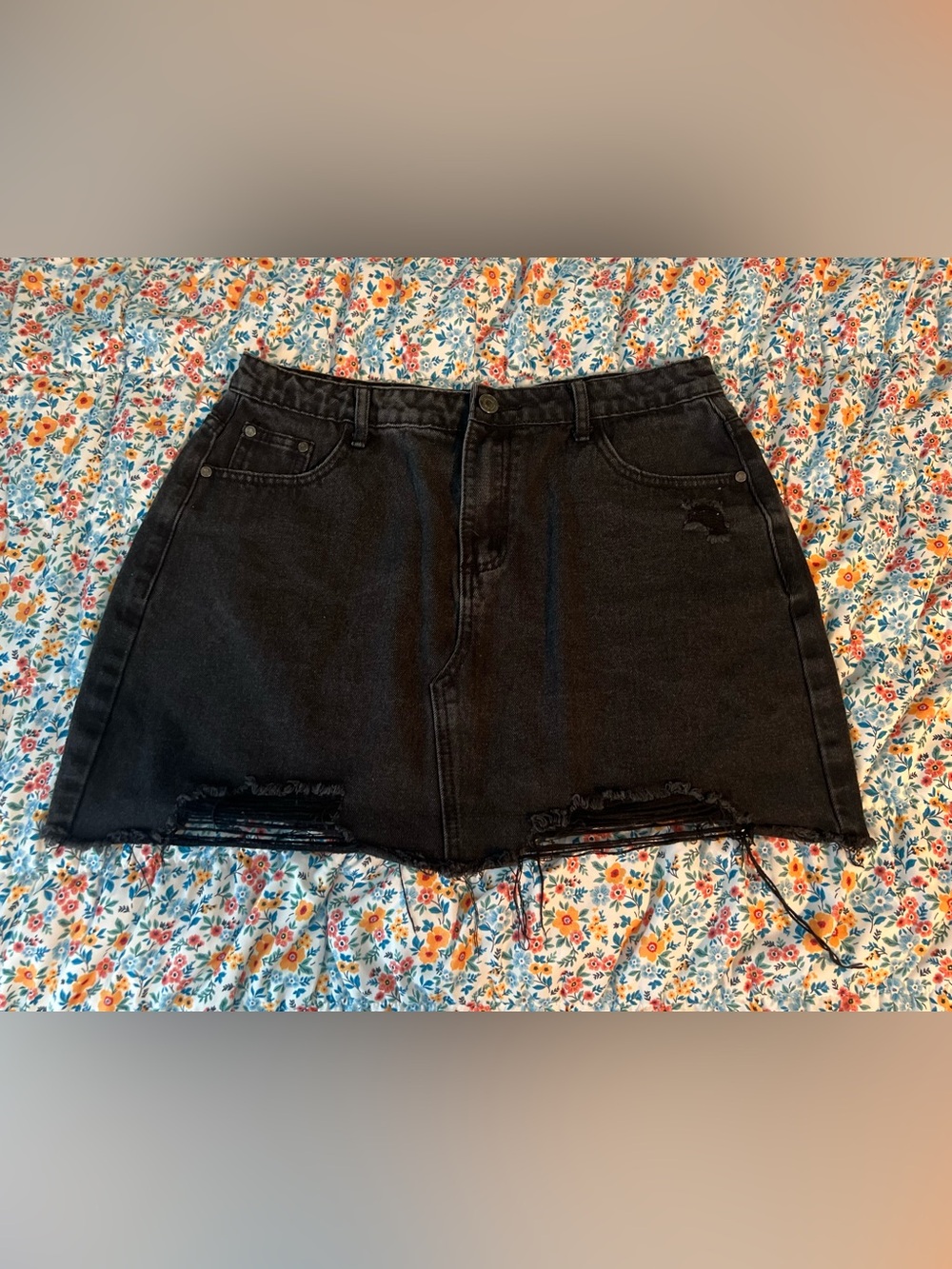 Missguided Black Distressed Mini Denim Skirt